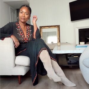 DOEN Embroidered Floral Black Cotton Gauze V-Neck Maxi Dress Large